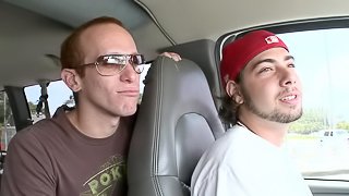 Amazing gay in short enjoying being feasted hardcore in van