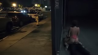 Guy thrusts dick in snatch of unknown girl in the back of club
